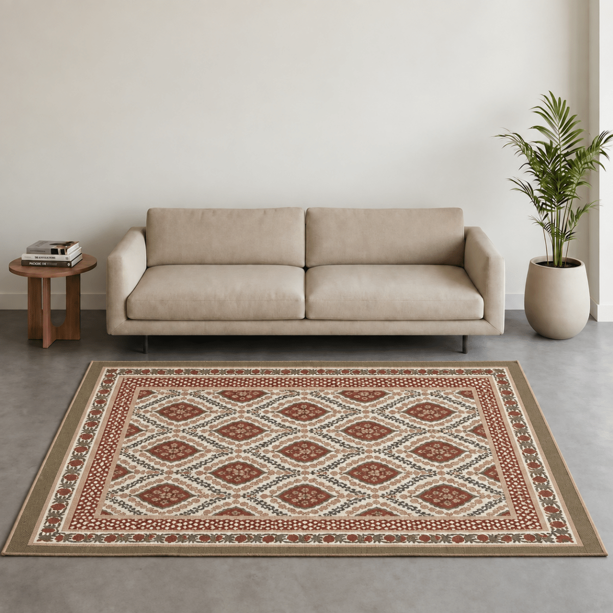 Cotton Floor Rug handprinted in Ivory and Rust for Living Room or Bedroom | Foldable