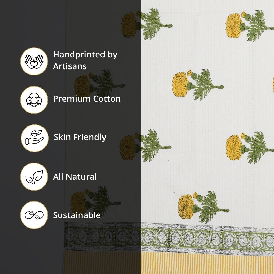 Cotton Hand And Bath Towel Set Block Printed In Marigold Pattern Super Absorbent Soft and Faster Drying 300 GSM Handmade In