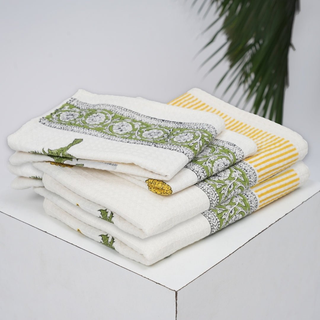 Cotton Hand And Bath Towel Set Block Printed In Marigold Pattern Super Absorbent Soft and Faster Drying 300 GSM Handmade In