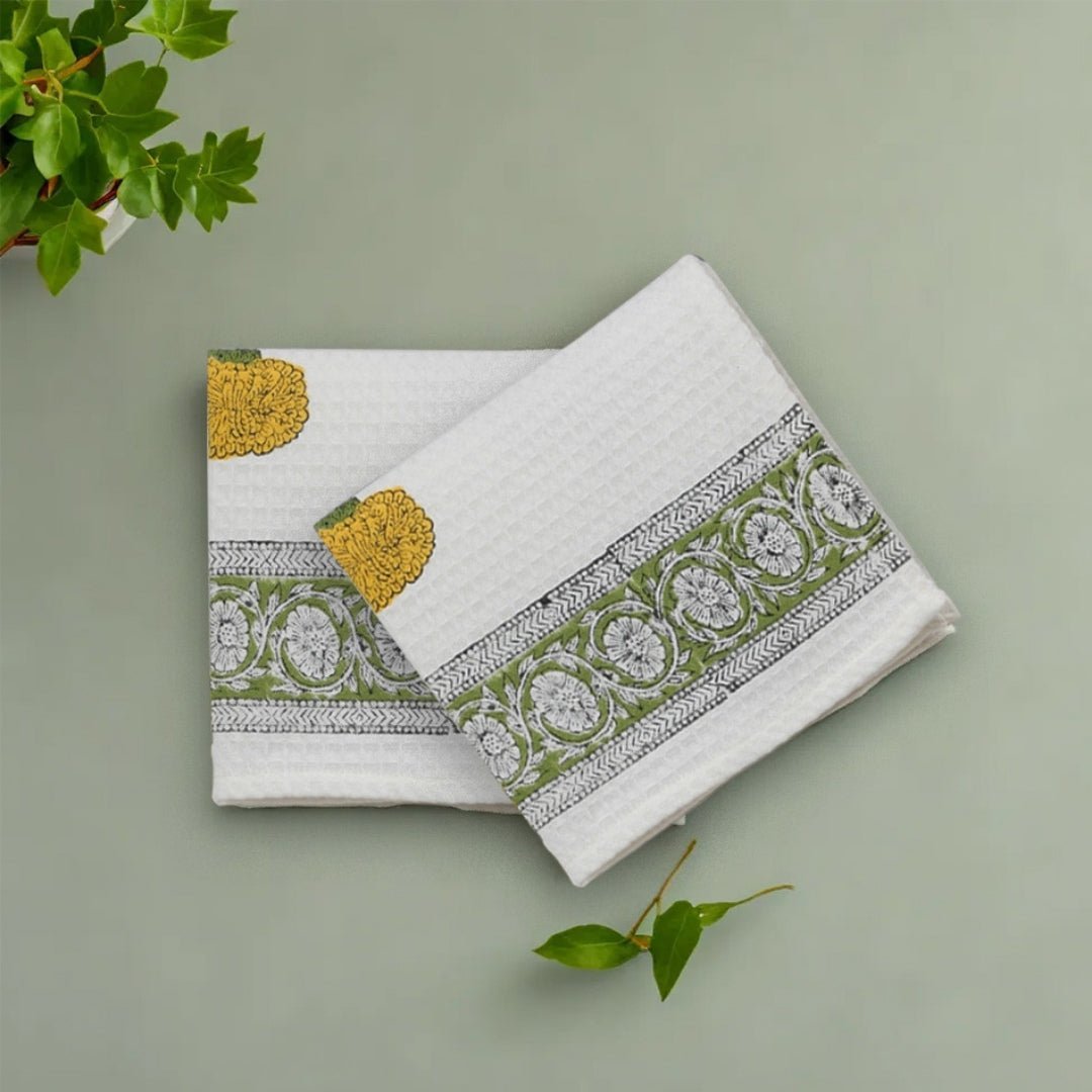 Cotton Hand And Bath Towel Set Block Printed In Marigold Pattern Super Absorbent Soft and Faster Drying 300 GSM Handmade In
