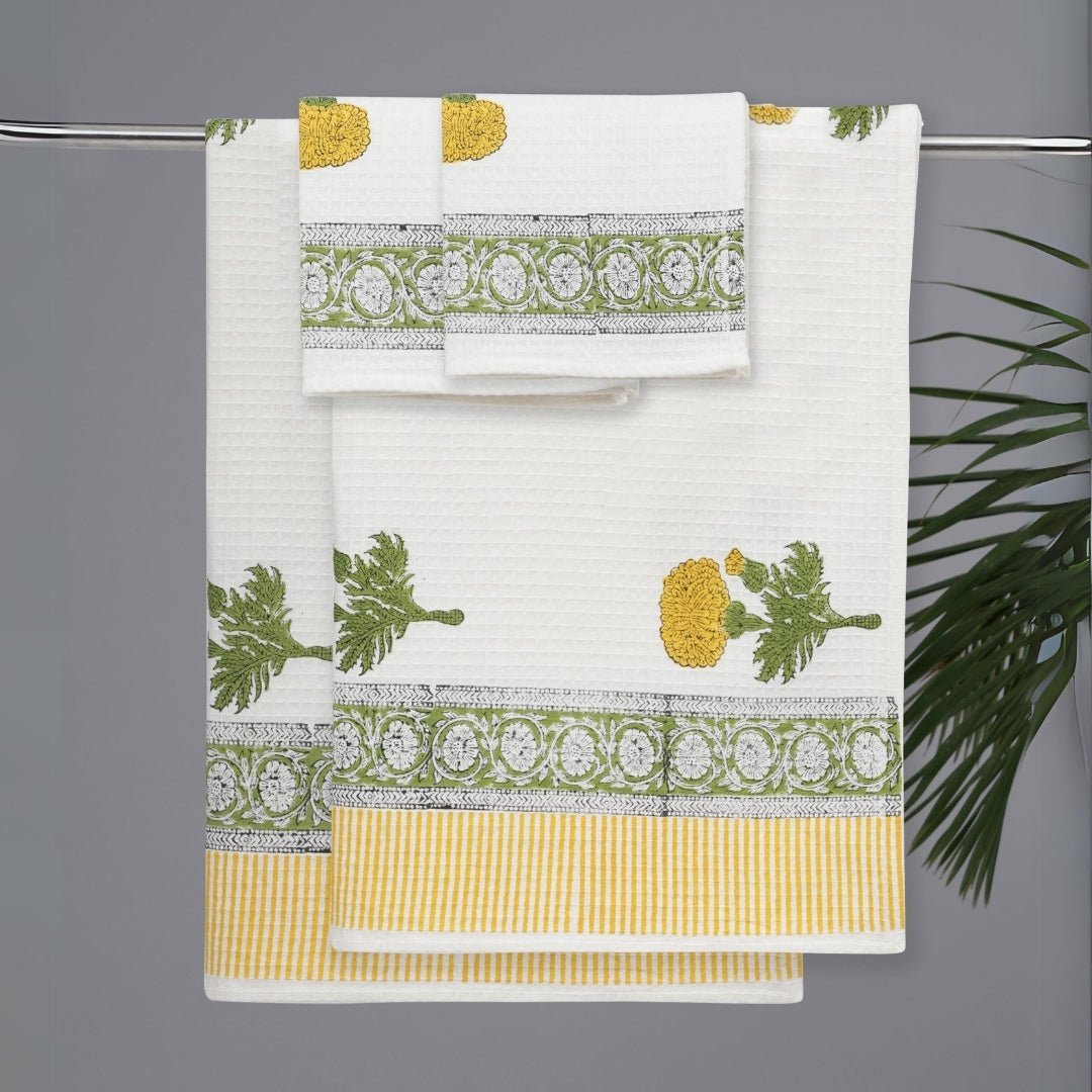 Pure Cotton Towels Handprinted Marigold Pattern
