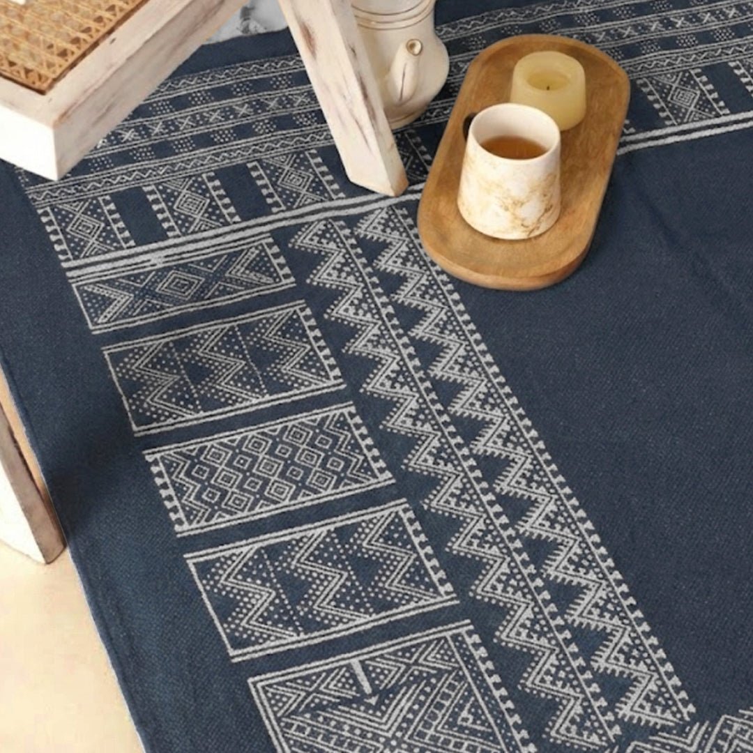 Blue Cotton Hand Printed Living Room Rugs. Adds style to any room