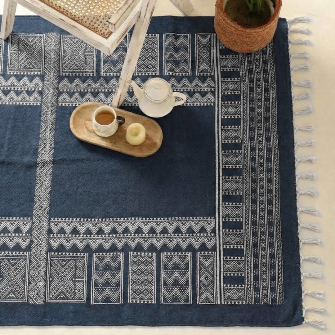 Blue Cotton Hand Printed Living Room Rugs. Adds style to any room