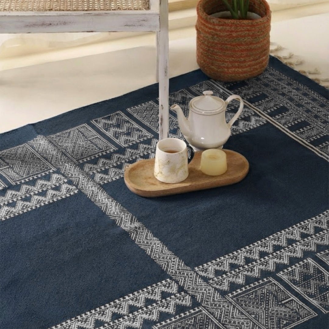 Blue Cotton Hand Printed Living Room Rugs. Adds style to any room