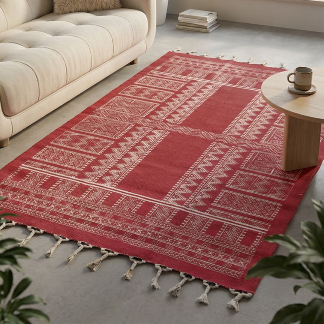 Handprinted Cotton Floor Rug for Living Room and Bedroom in Jaipuri Maroon| Soft Washable Rug