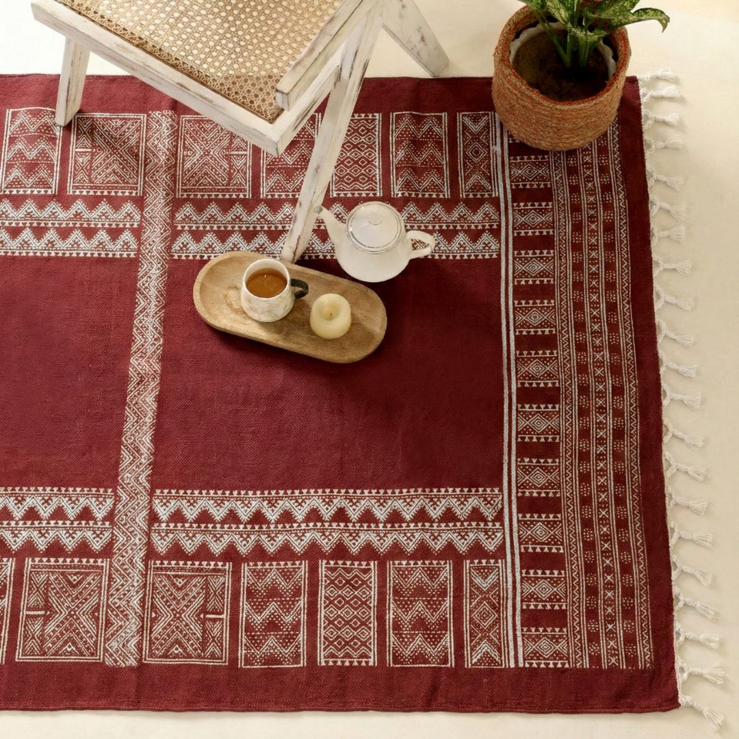 Handprinted Cotton Floor Rug for Living Room and Bedroom in Jaipuri Maroon| Soft Washable Rug