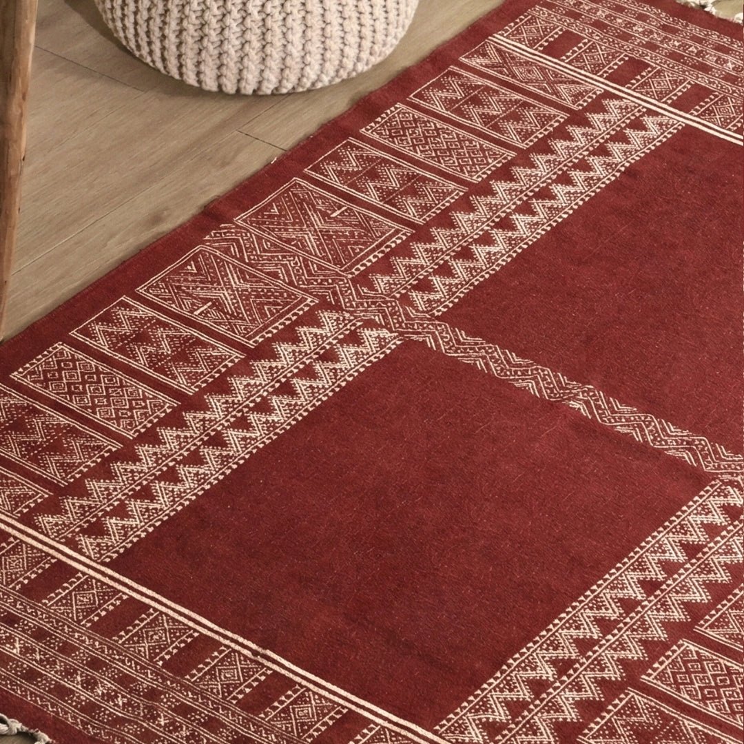 Handprinted Cotton Floor Rug for Living Room and Bedroom in Jaipuri Maroon| Soft Washable Rug