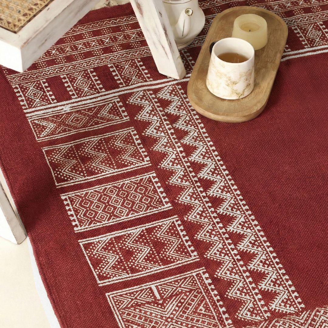 Handprinted Cotton Floor Rug for Living Room and Bedroom in Jaipuri Maroon| Soft Washable Rug