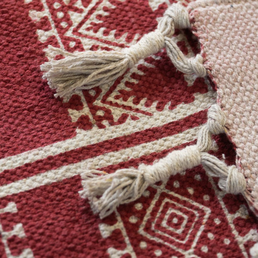 Handprinted Cotton Floor Rug for Living Room and Bedroom in Jaipuri Maroon| Soft Washable Rug