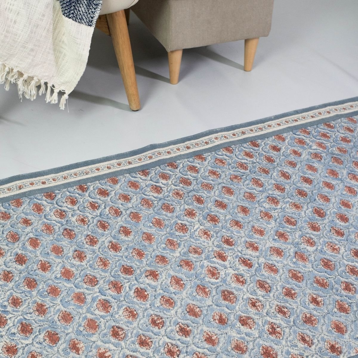Hand block printed Cotton Floor Rug for Living Room and Bedroom in Blue and Dusty Pink Colours with a Floral Design | Soft Washable Rug