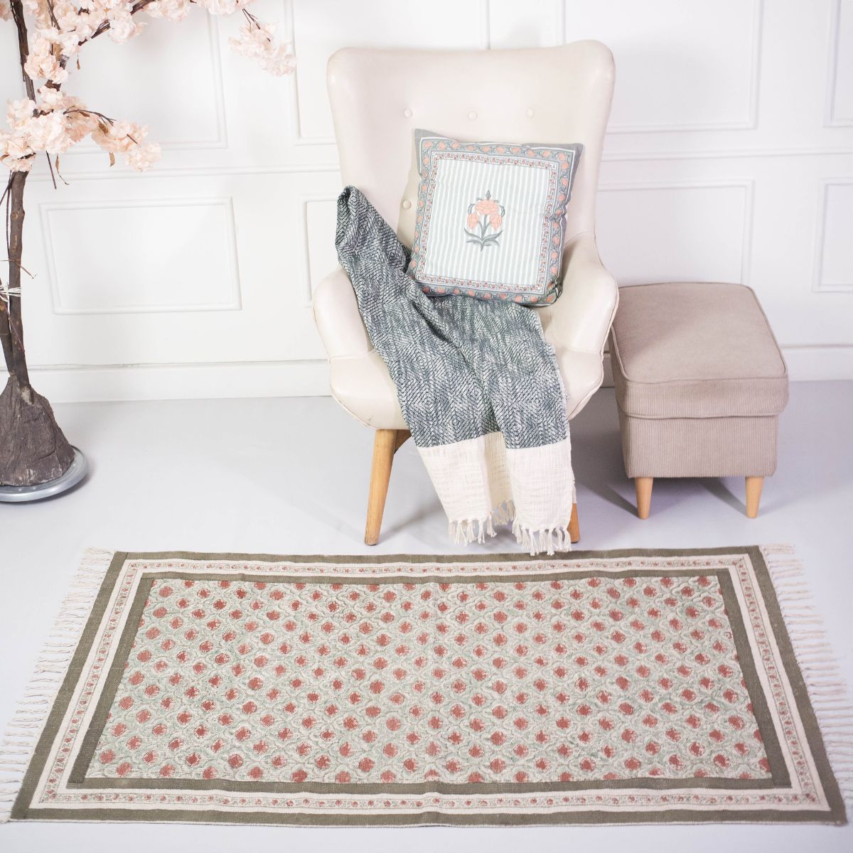 Hand block printed Cotton Floor Rug for Living Room and Bedroom in Green and Dusty Pink Colours with a Floral Design | Soft Washable Rug