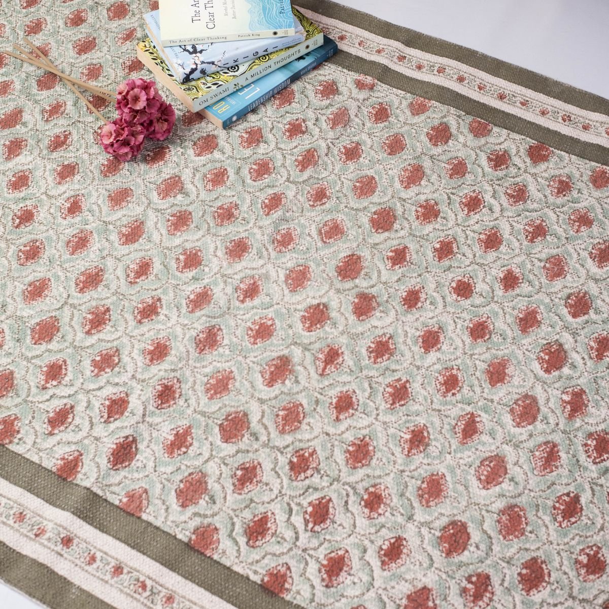 Hand block printed Cotton Floor Rug for Living Room and Bedroom in Green and Dusty Pink Colours with a Floral Design | Soft Washable Rug