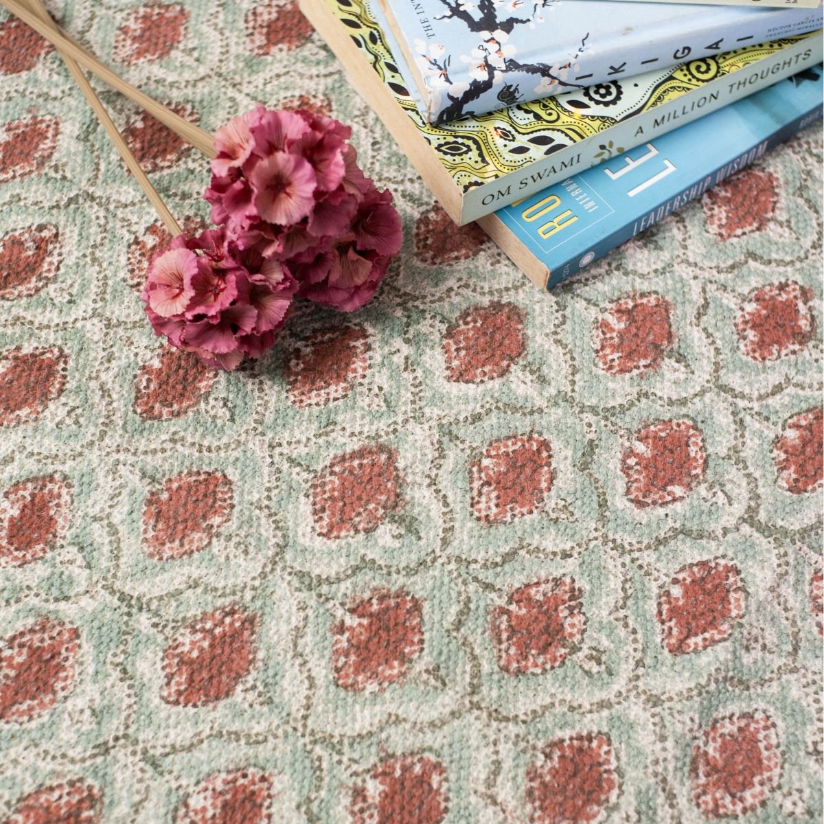 Hand block printed Cotton Floor Rug for Living Room and Bedroom in Green and Dusty Pink Colours with a Floral Design | Soft Washable Rug