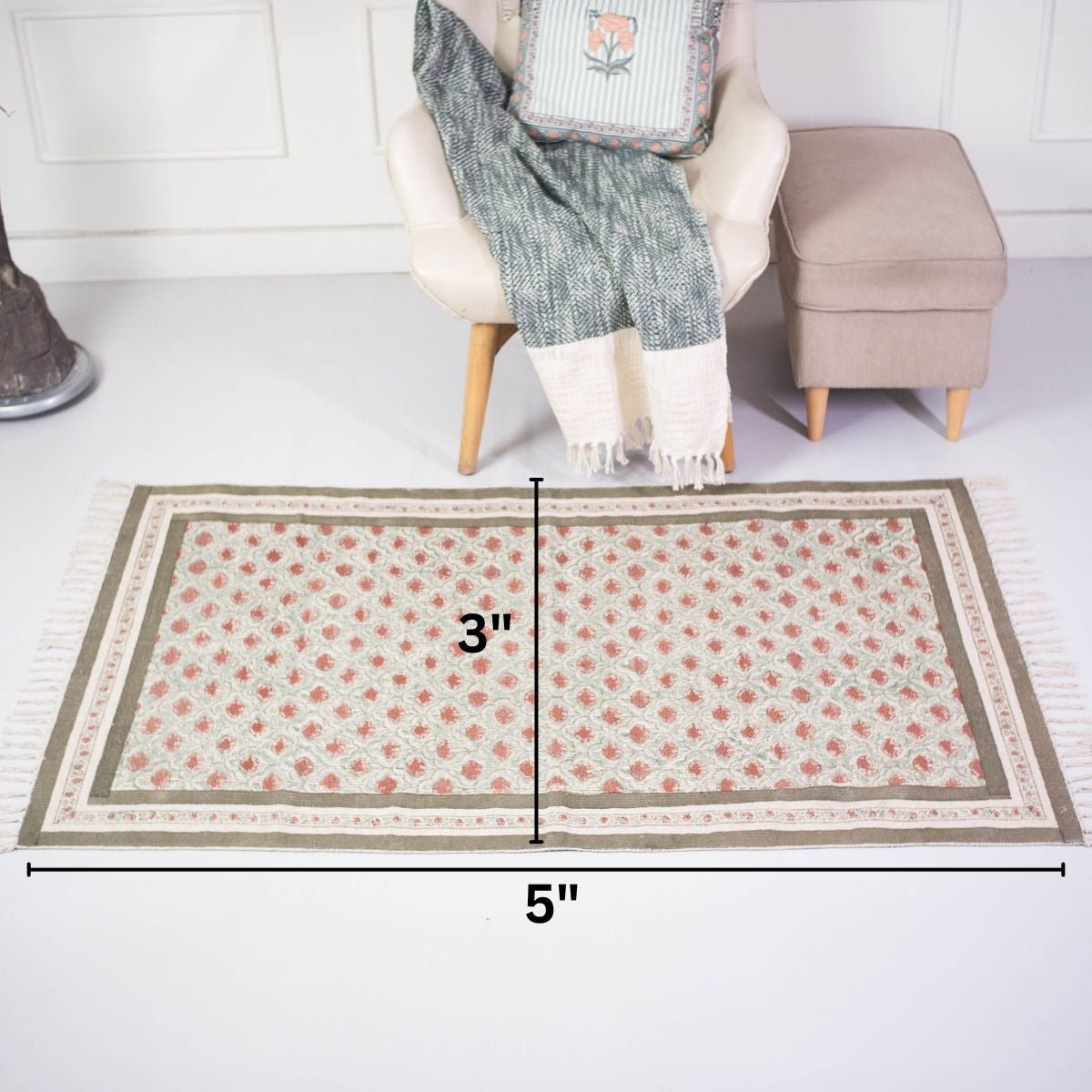 Hand block printed Cotton Floor Rug for Living Room and Bedroom in Green and Dusty Pink Colours with a Floral Design | Soft Washable Rug