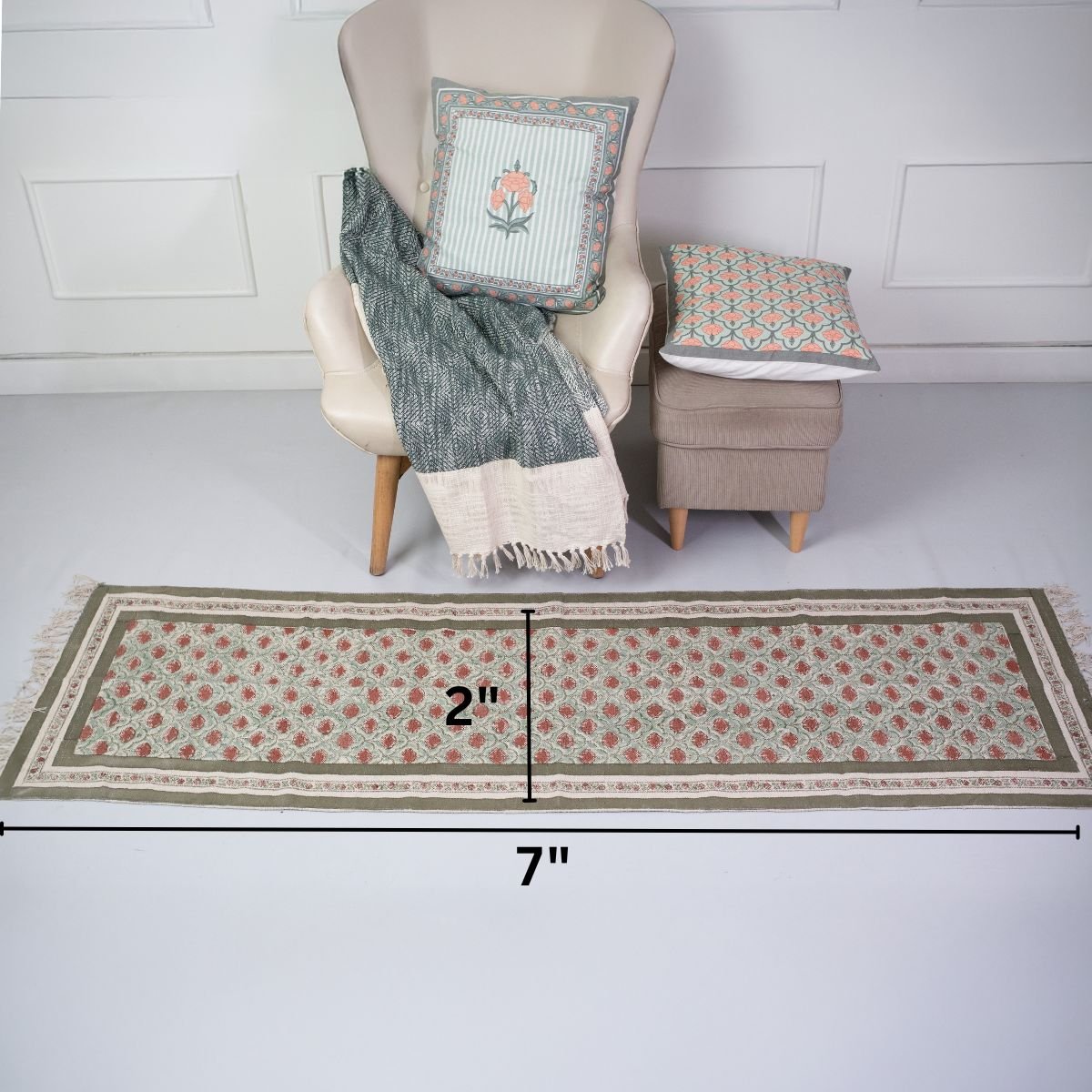 Hand block printed Cotton Floor Rug for Living Room and Bedroom in Green and Dusty Pink Colours with a Floral Design | Soft Washable Rug