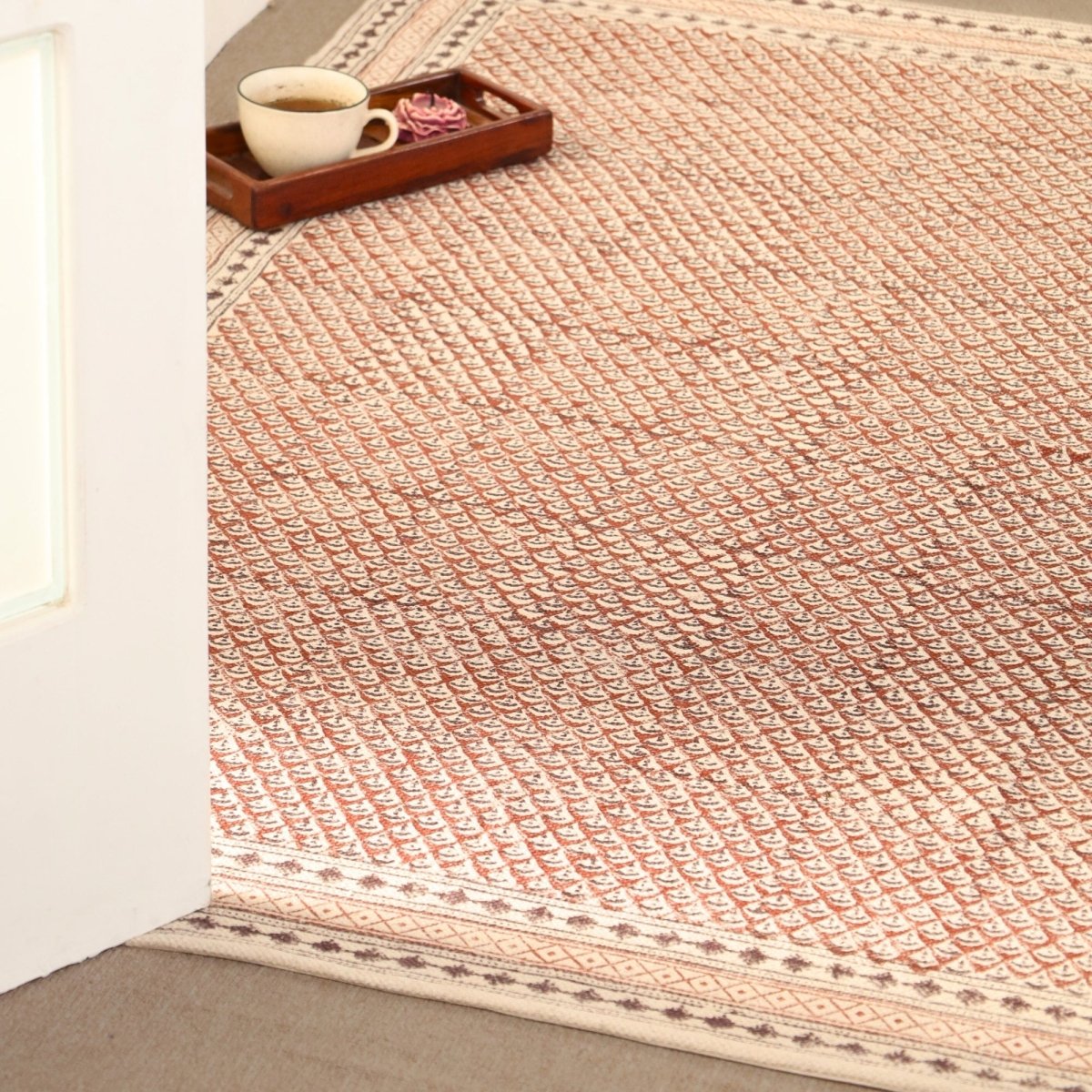 Handprinted Cotton Floor Rug for Living Room and Bedroom in Maroon and Black| Soft Washable Rug