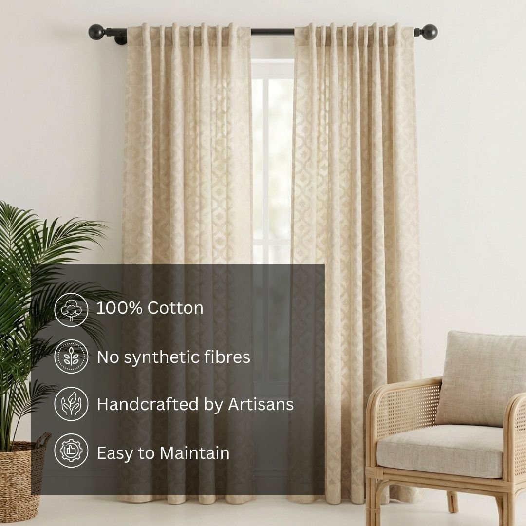 Cotton Semi Sheer Window Curtains 5 and 7 Feet Handwoven Beige and White Cutwork Handmade In India