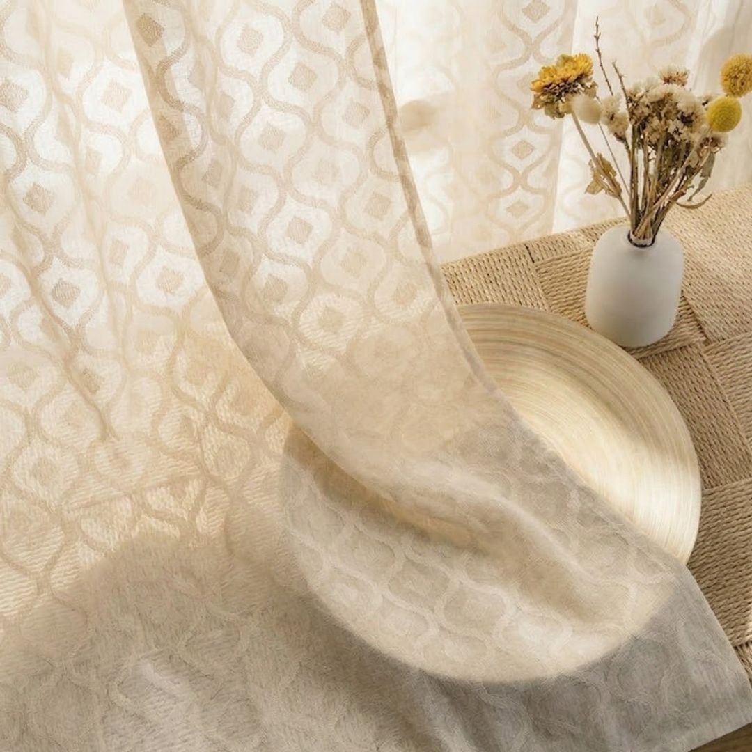Cotton Semi Sheer Window Curtains 5 and 7 Feet Handwoven Beige and White Cutwork Handmade In India