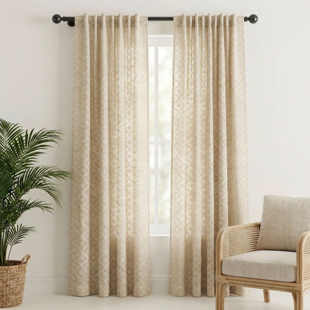 Cotton Semi Sheer Window Curtains 5 and 7 Feet Handwoven Beige and White Cutwork Handmade In India
