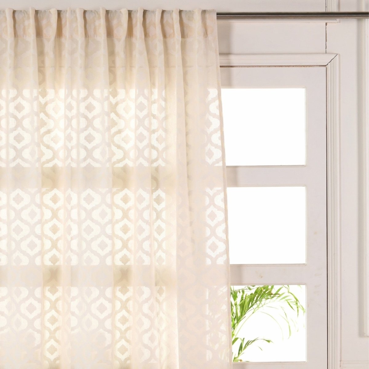Cotton Semi Sheer Window Curtains 5 and 7 Feet Handwoven Beige and White Cutwork Handmade In India