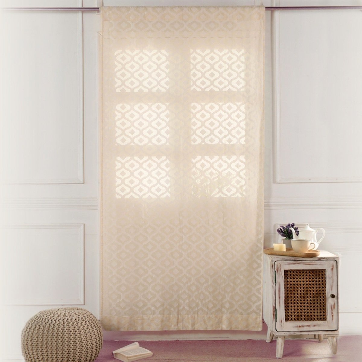 Cotton Semi Sheer Window Curtains 5 and 7 Feet Handwoven Beige and White Cutwork Handmade In India