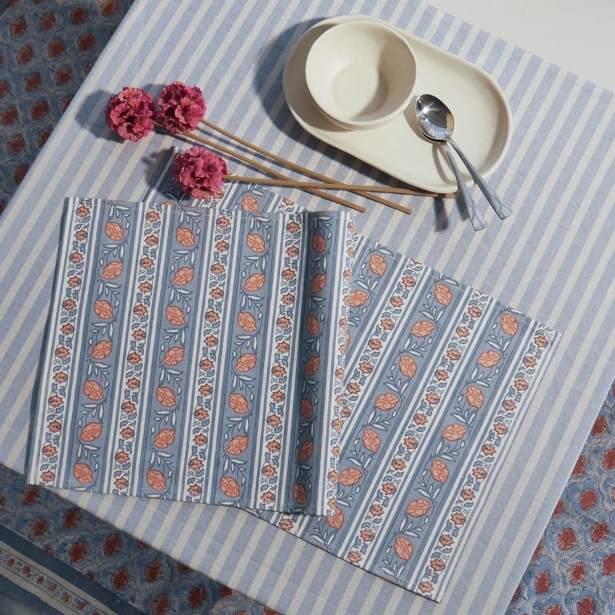 Floral Stripe Cotton Table Cloth & Table Mat in Blue and Dusty Pink | 4 & 6 Seater
