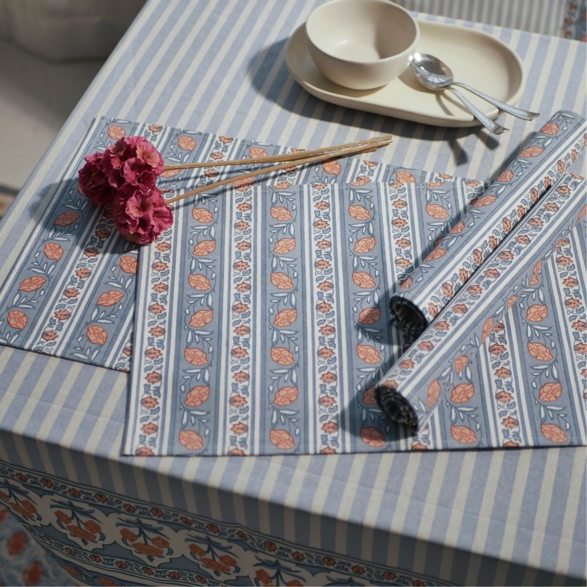 Floral Stripe Cotton Table Cloth & Table Mat in Blue and Dusty Pink | 4 & 6 Seater