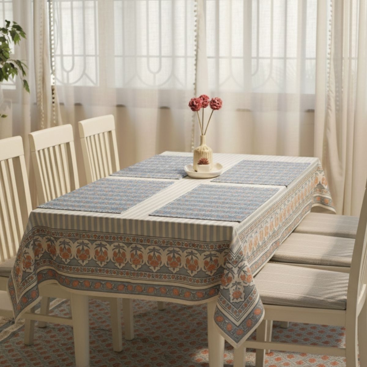 Floral Stripe Cotton Table Cloth & Table Mat in Blue and Dusty Pink | 4 & 6 Seater