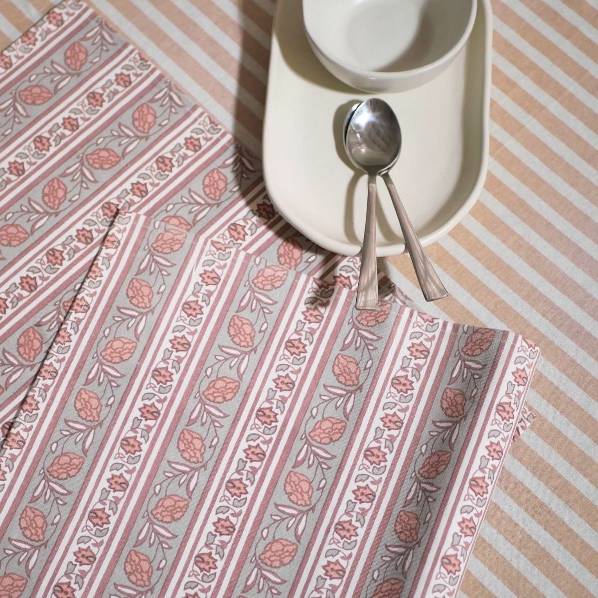 Floral Stripe Cotton Table Cloth & Table Mat in Dusty Pink & Off White | 4 & 6 Seater