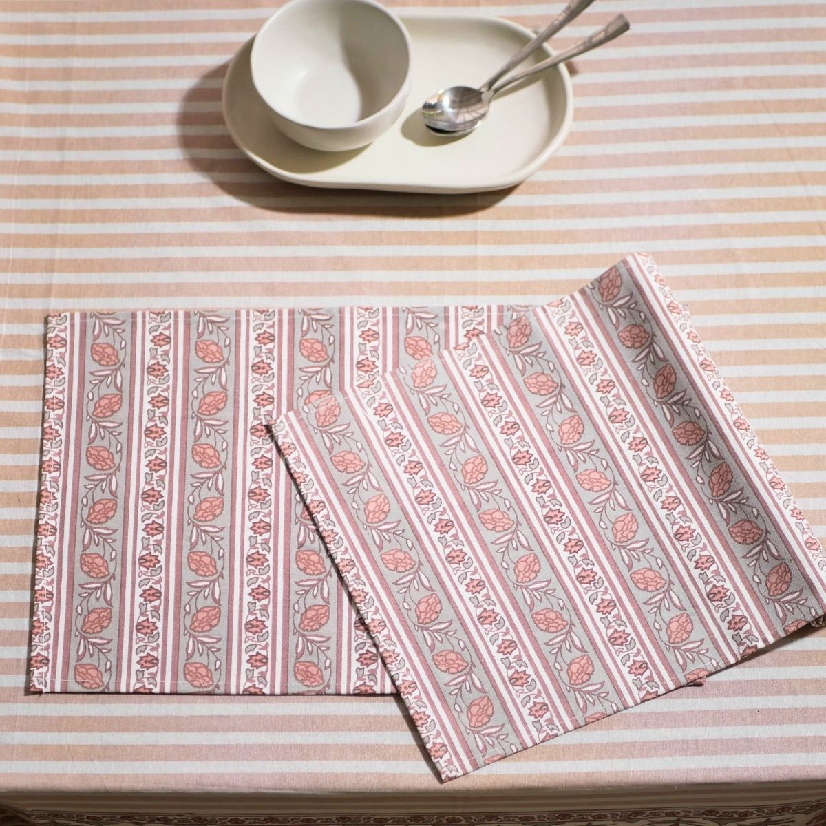 Floral Stripe Cotton Table Cloth & Table Mat in Dusty Pink & Off White | 4 & 6 Seater