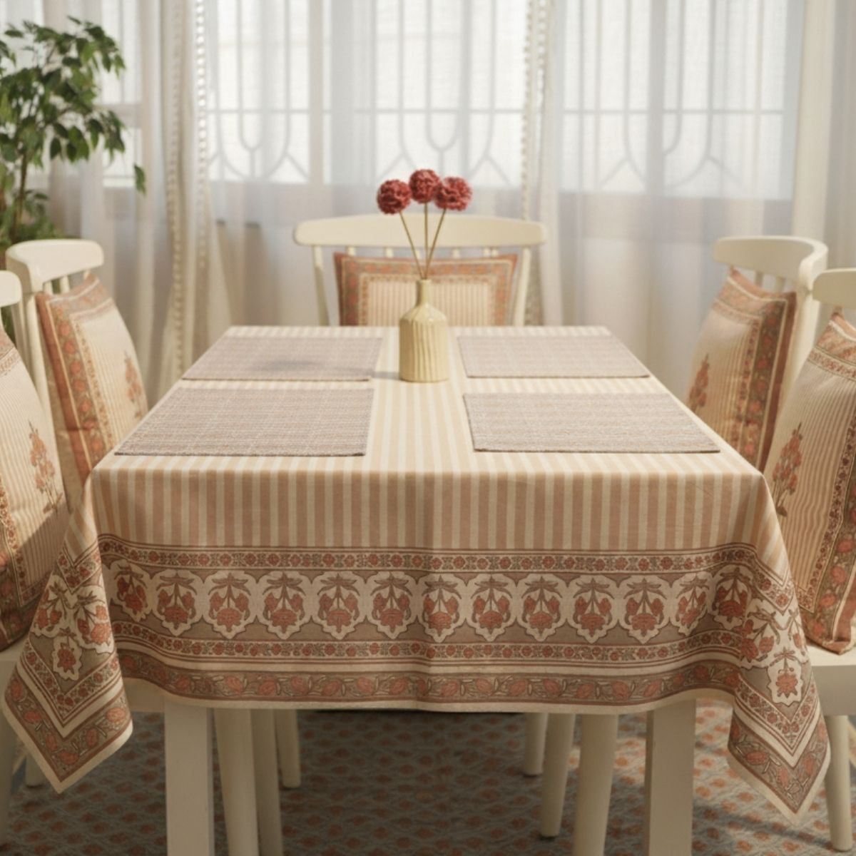 Floral Stripe Cotton Table Cloth & Table Mat in Dusty Pink & Off White | 4 & 6 Seater