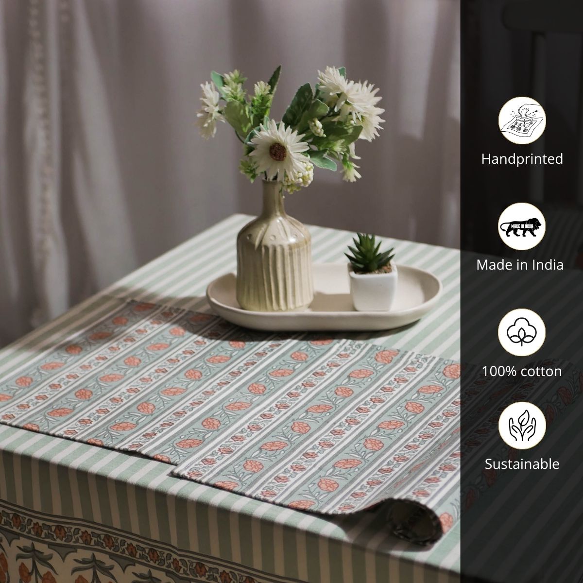 Floral Stripe Cotton Table Cloth & Table Mat in Green and Dusty Pink | 4 & 6 Seater