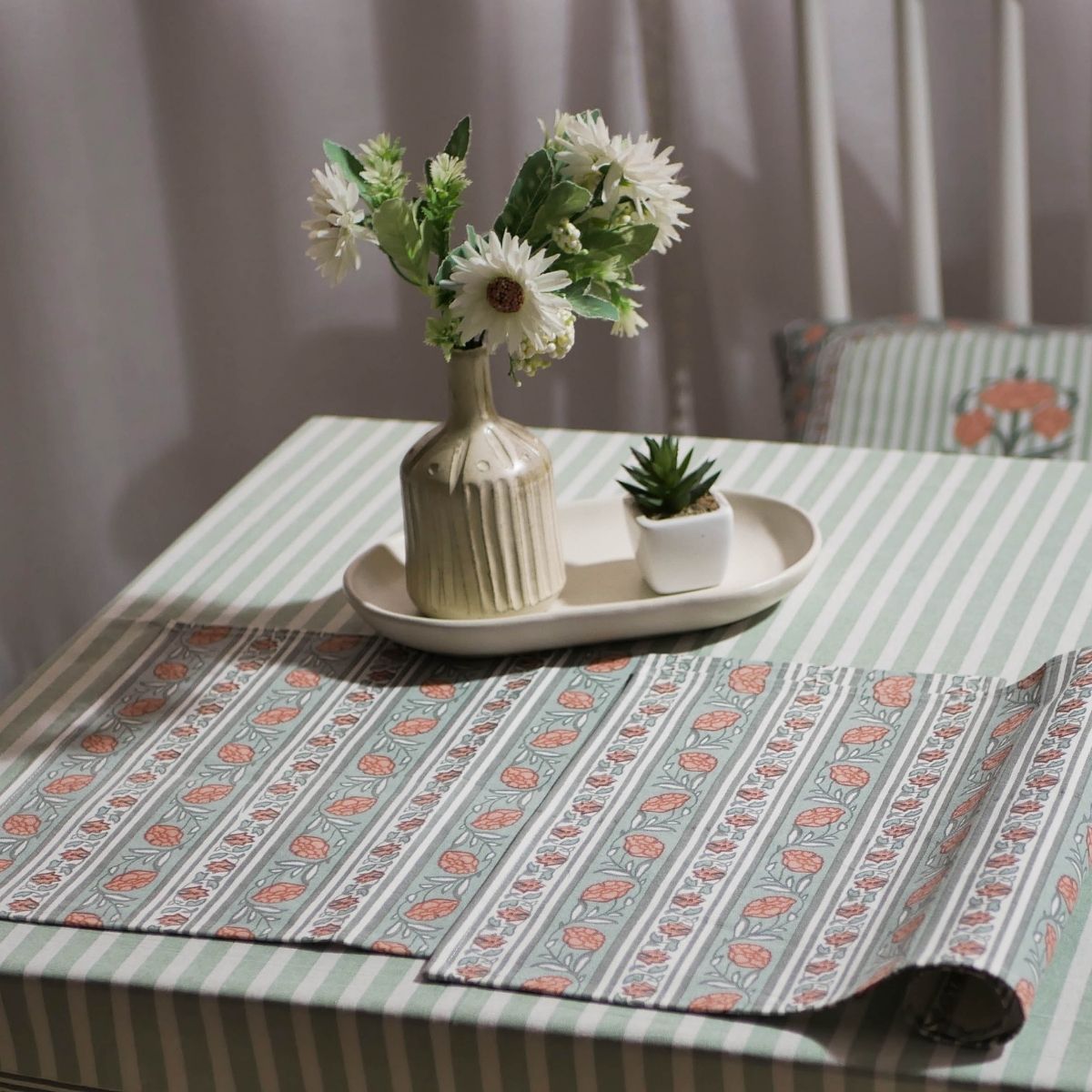 Floral Stripe Cotton Table Cloth & Table Mat in Green and Dusty Pink | 4 & 6 Seater