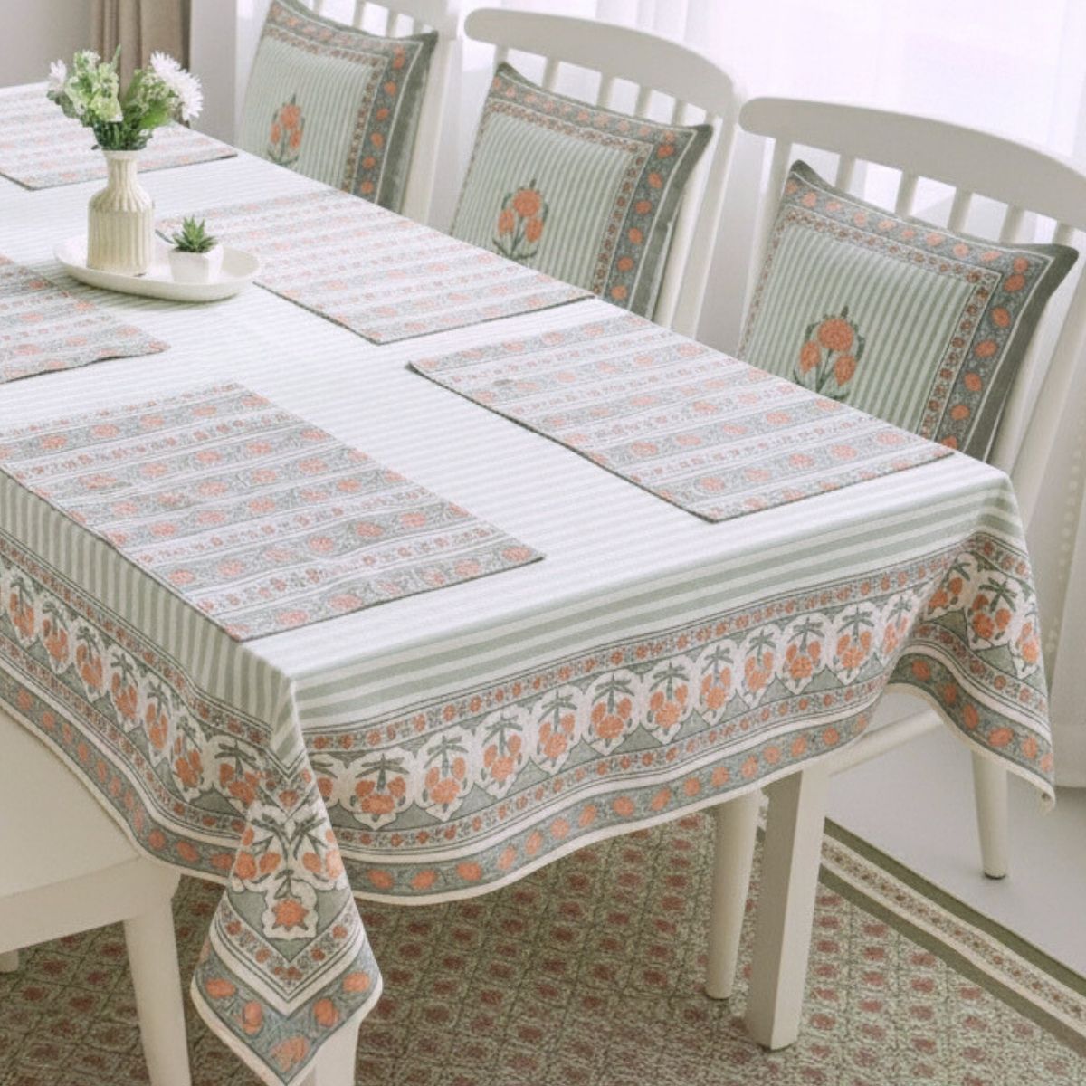 Floral Stripe Cotton Table Cloth & Table Mat in Green and Dusty Pink | 4 & 6 Seater