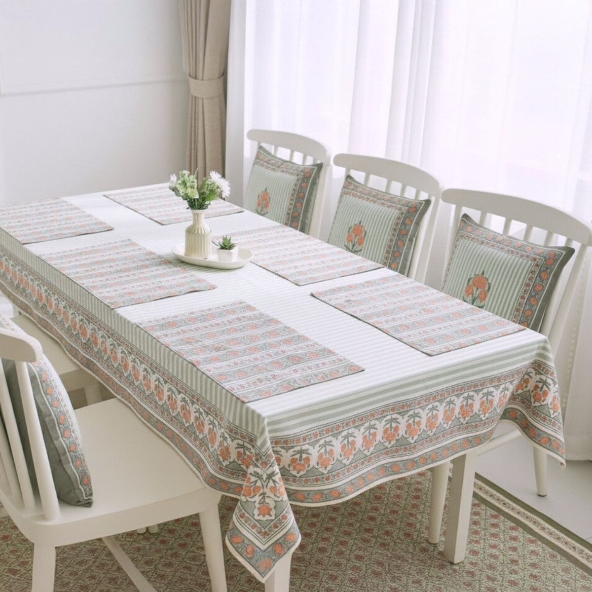 Floral Stripe Cotton Table Cloth & Table Mat in Green and Dusty Pink | 4 & 6 Seater