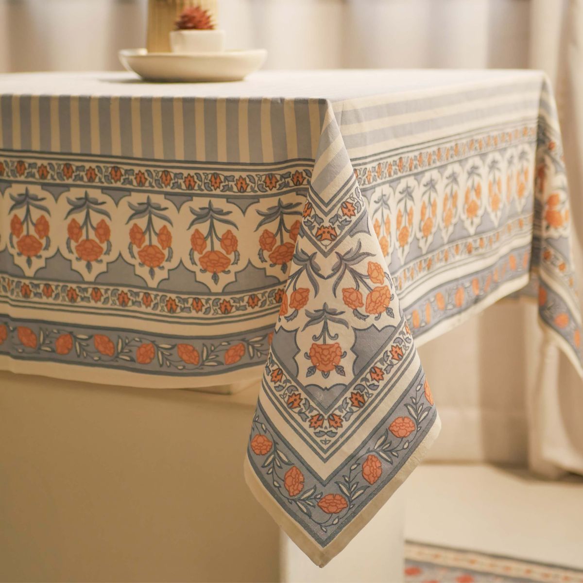 Blue and Dusty Pink Cotton Table Cloth | 4 and 6 Seater