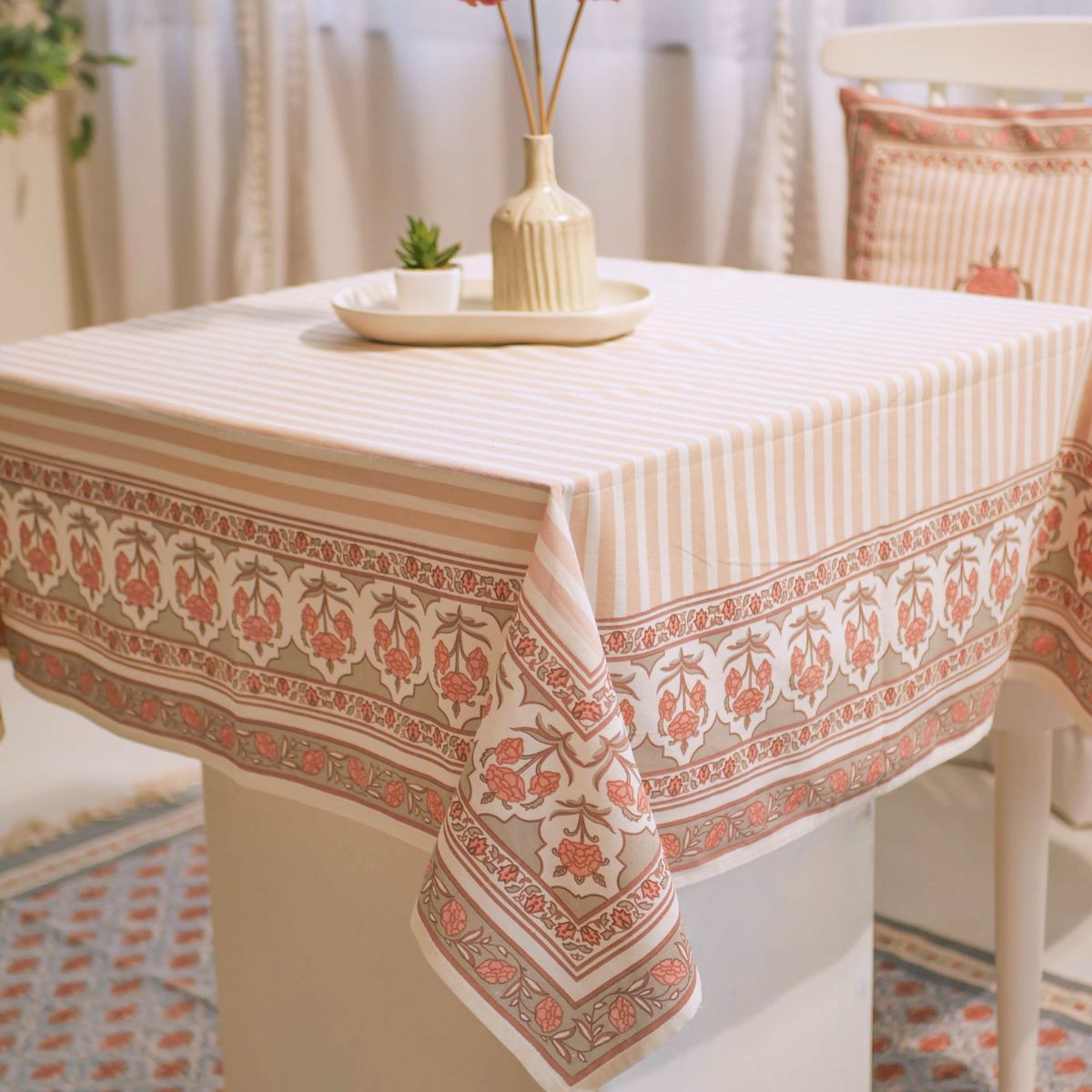 Dusty Pink and Off white Cotton Table Cloth | 4 and 6 Seater