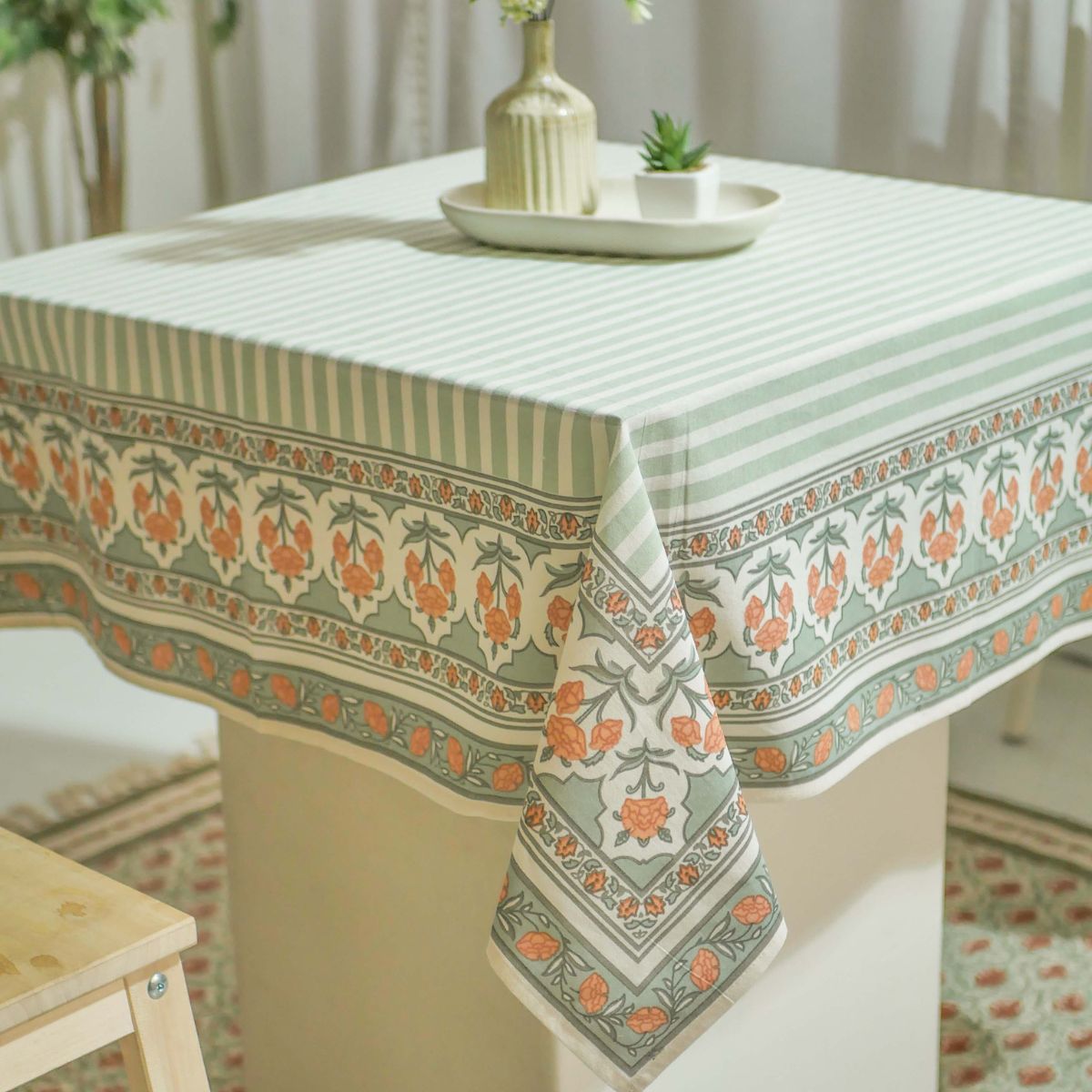 Green and Dusty Pink Cotton Table Cloth | 4 and 6 Seater