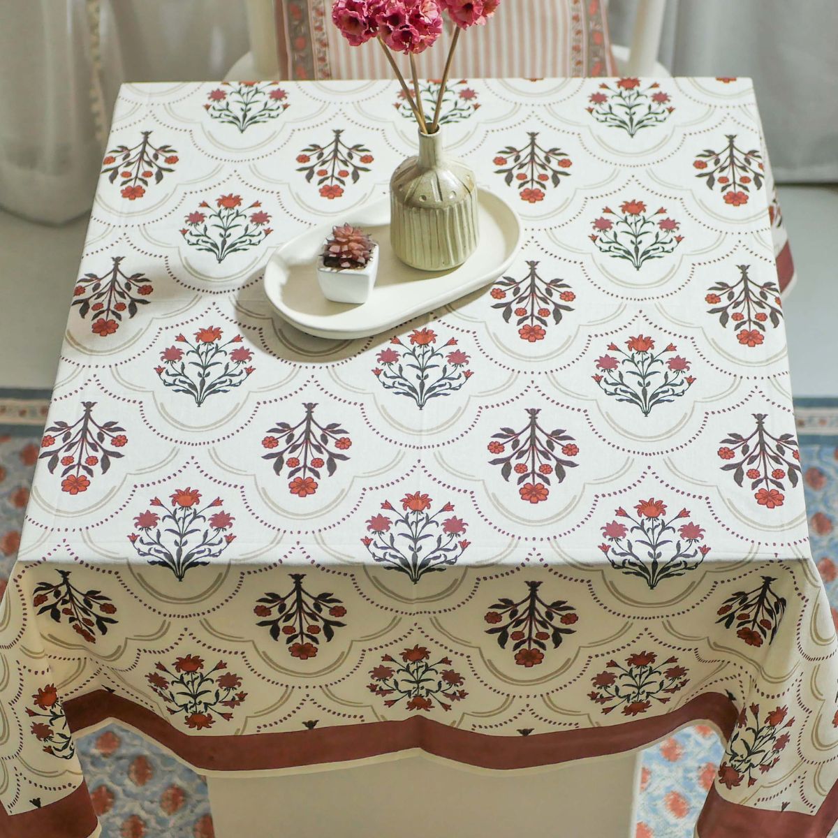 Rust and Maroon Cotton Table Cloth | 4 and 6 Seater | Ornate Floral design