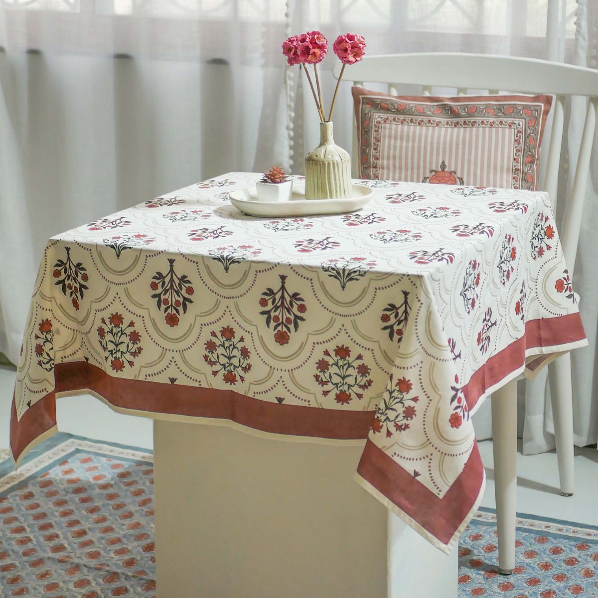 Rust and Maroon Cotton Table Cloth | 4 and 6 Seater | Ornate Floral design