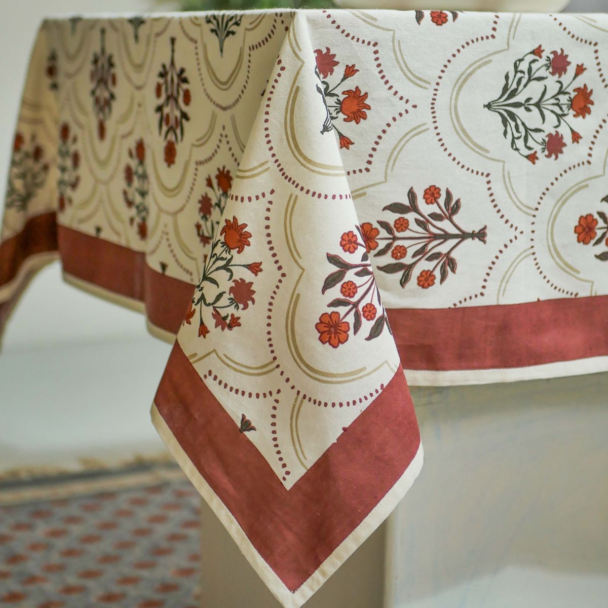 Rust and Maroon Cotton Table Cloth | 4 and 6 Seater | Ornate Floral design