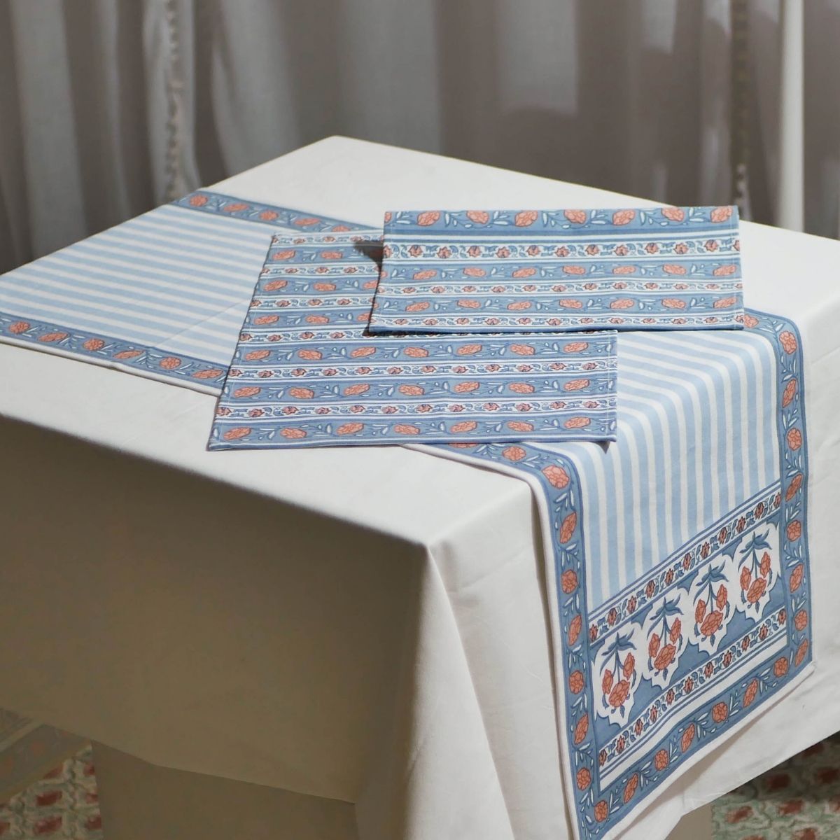 Cotton Dining Table runner and Table Mat in Blue and Dusty Pink | Set of 4 and 6