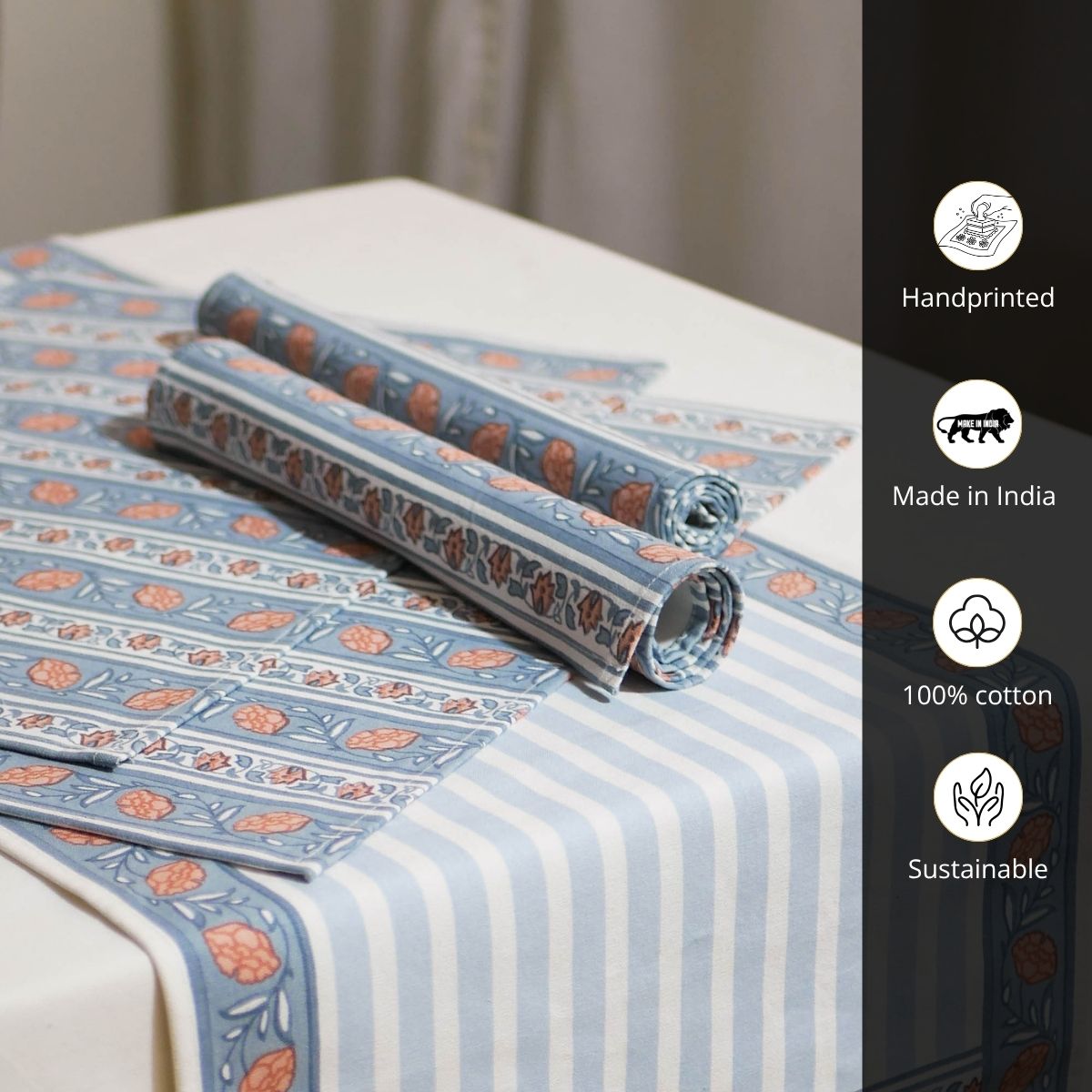 Cotton Dining Table runner and Table Mat in Blue and Dusty Pink | Set of 4 and 6