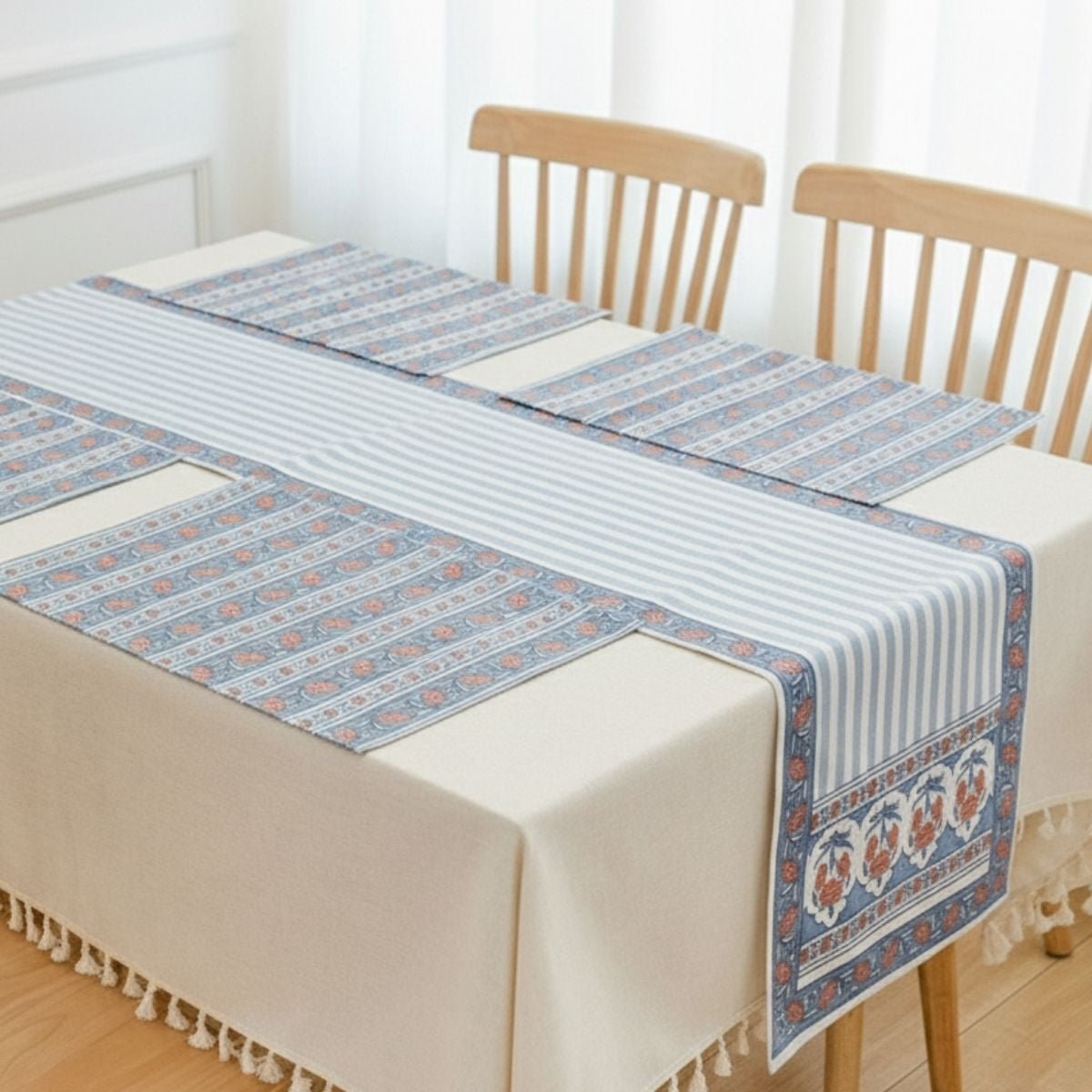 Cotton Dining Table runner and Table Mat in Blue and Dusty Pink | Set of 4 and 6