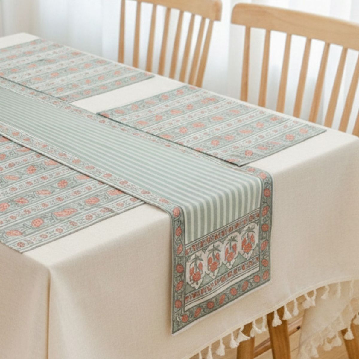 Cotton Dining Table runner and Table Mat in Green and Dusty Pink | Set of 4 and 6