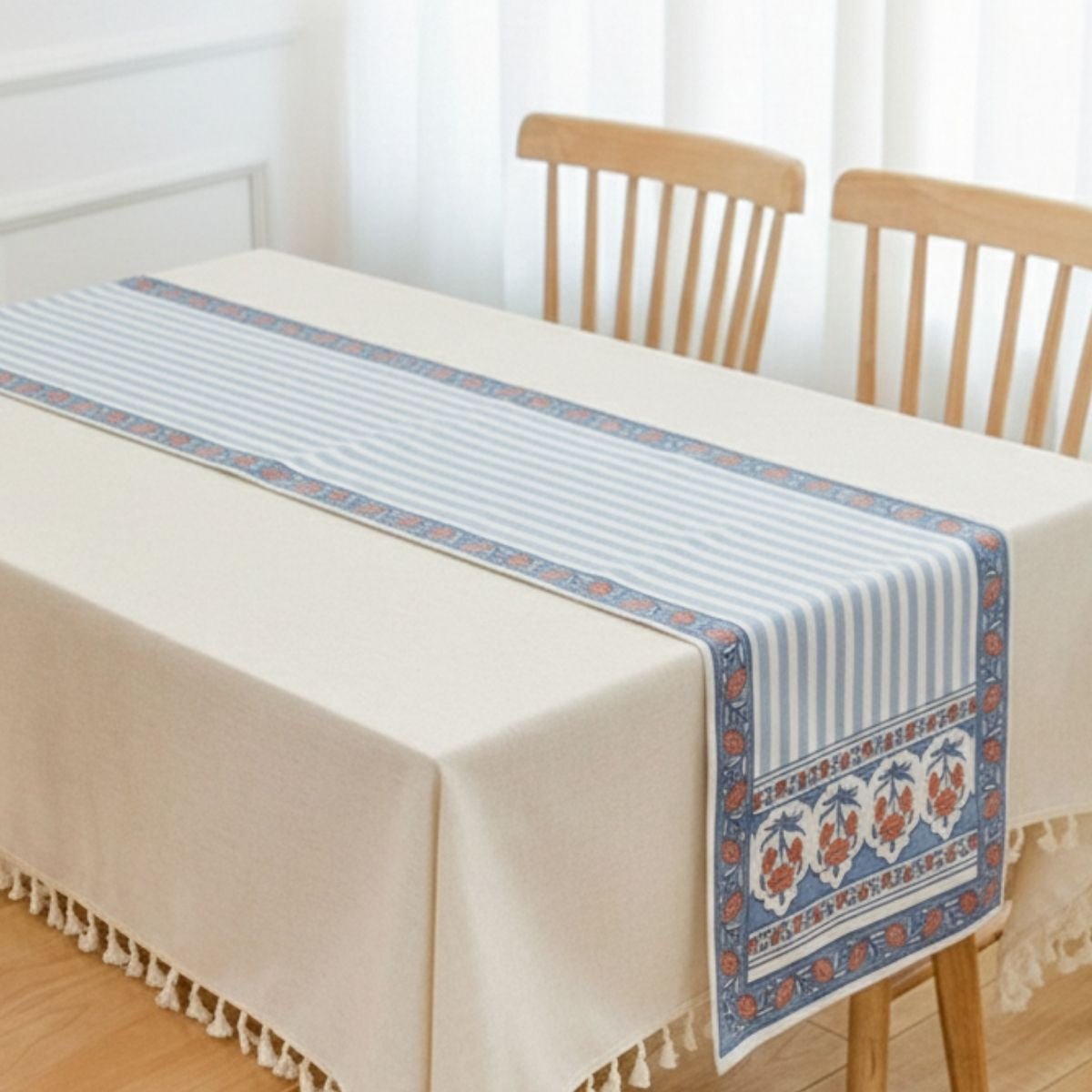 Cotton Table runner in Blue and Dusty Pink | 4 and 6 Seater