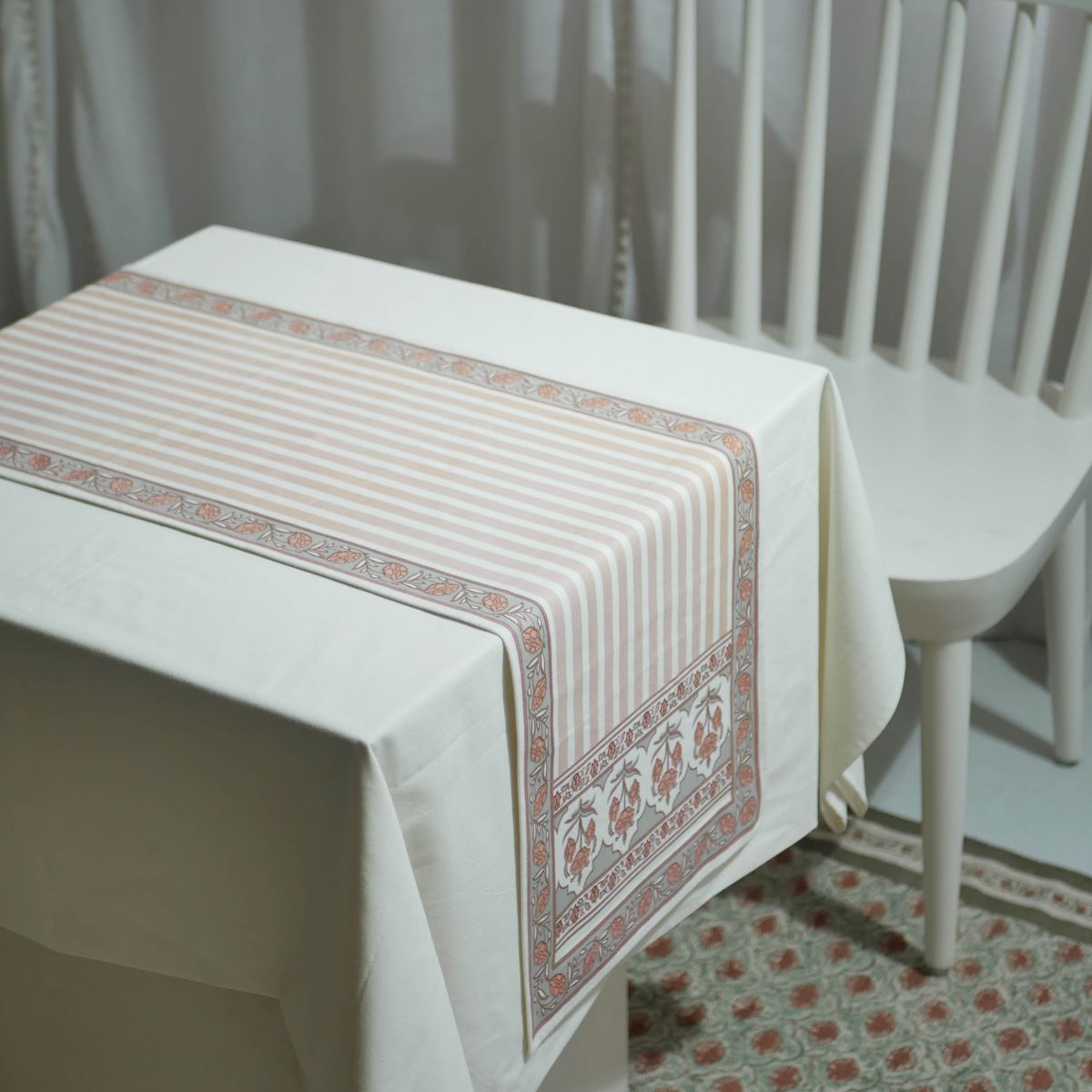Cotton Table runner in Green and Dusty Pink | 4 and 6 Seater