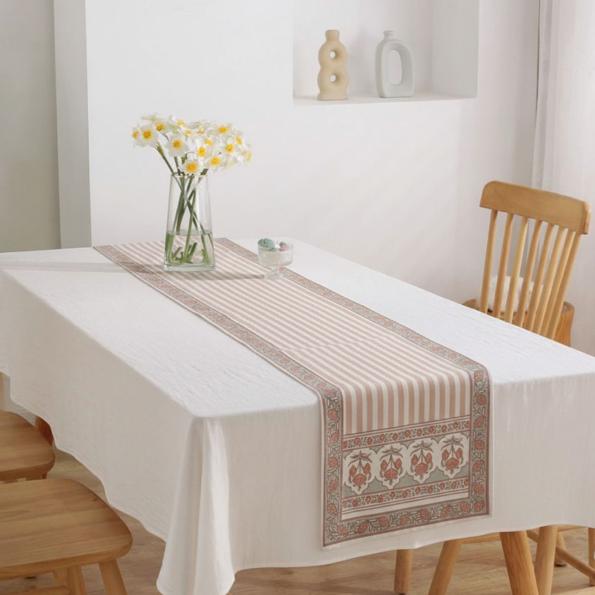 Cotton Table runner in Green and Dusty Pink | 4 and 6 Seater