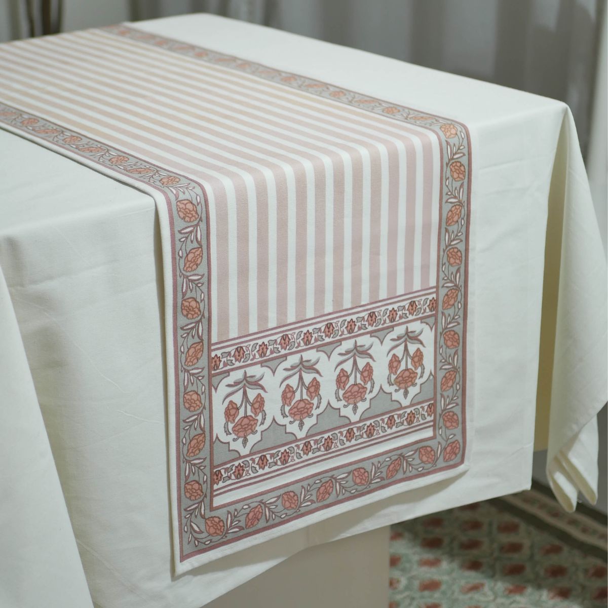 Cotton Table runner in Green and Dusty Pink | 4 and 6 Seater