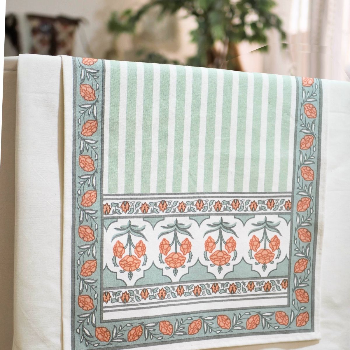 Cotton Table runner in Green and Dusty Pink | 4 and 6 Seater